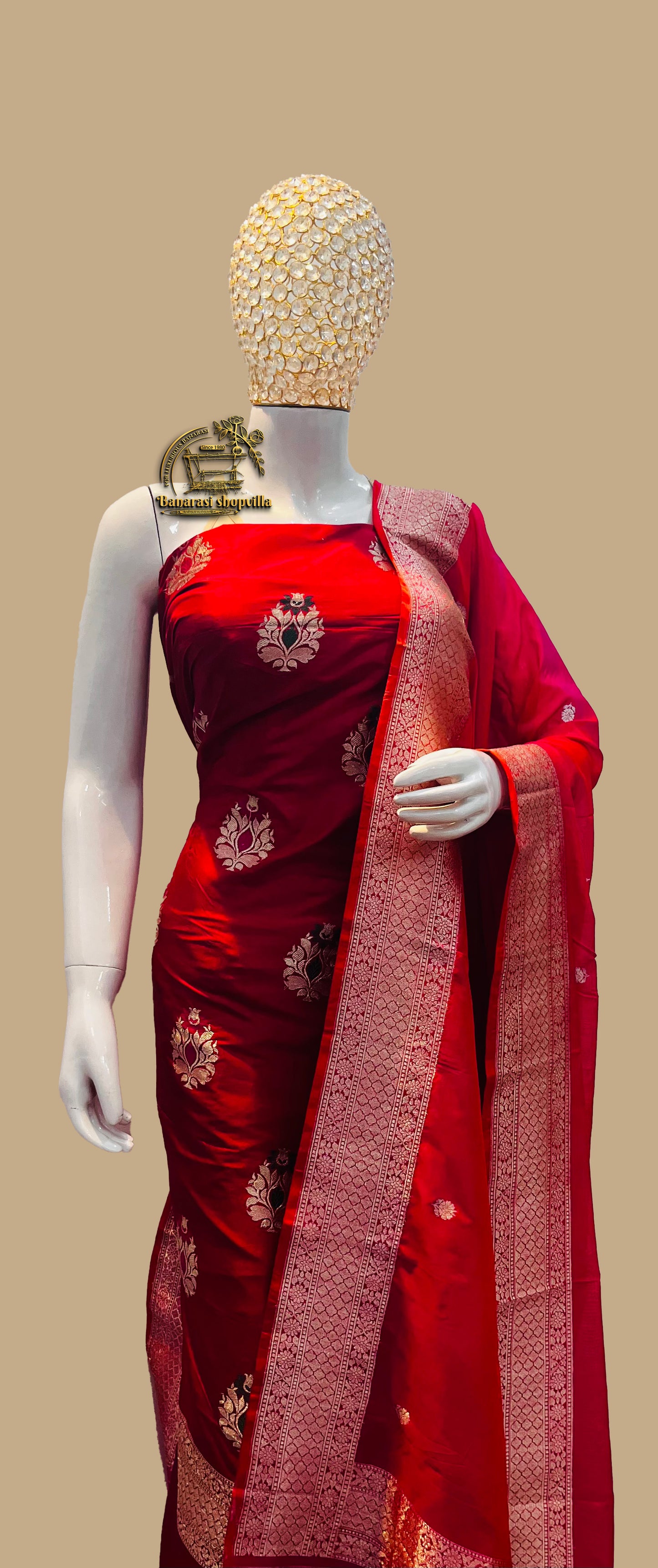 Red Pure Katan Silk Handlooms Banarasi Dress material All over Meenakari