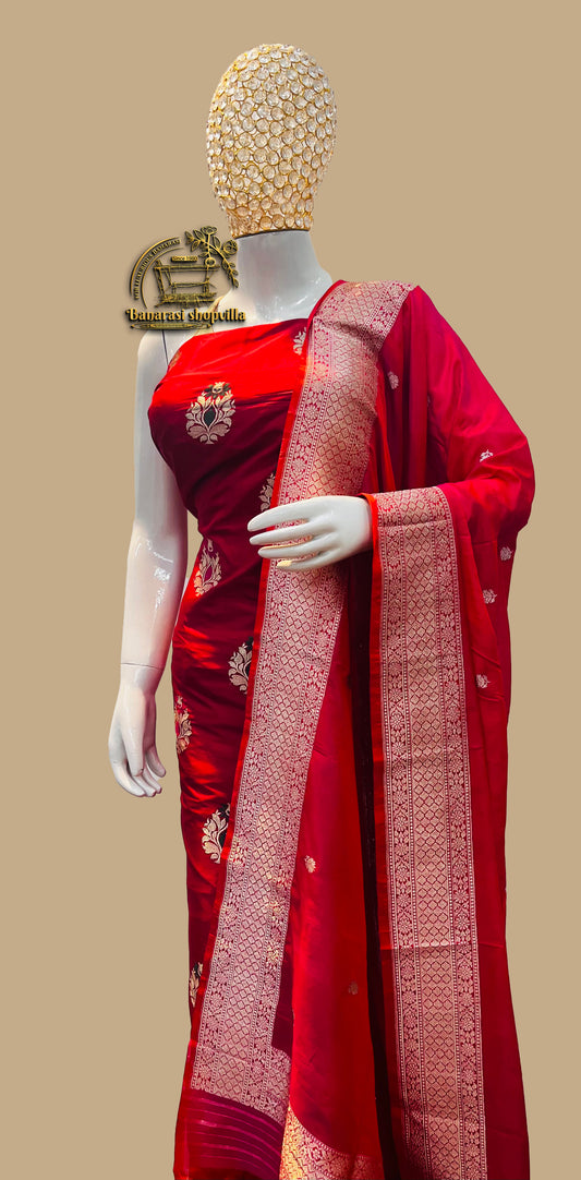 Red Pure Katan Silk Handlooms Banarasi Dress material All over Meenakari