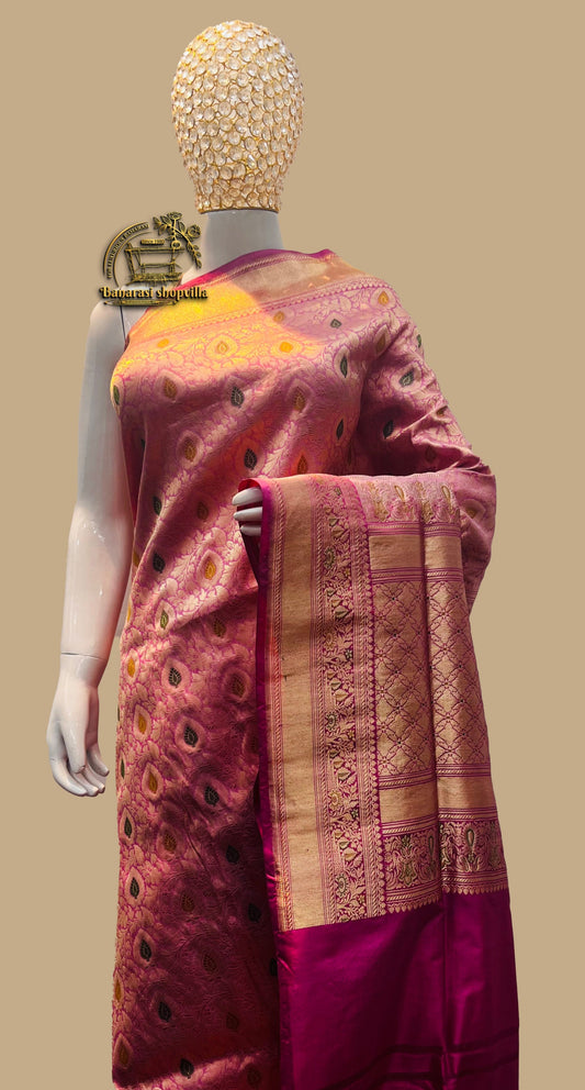 Baby Pink Pure Katan Silk Banarasi Handloom Saree kadhuwa work