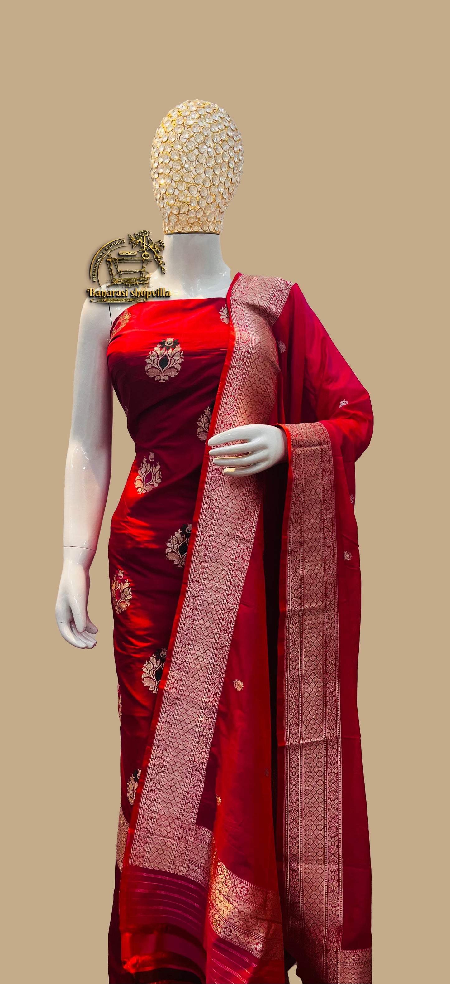 Red Pure Katan Silk Handlooms Banarasi Dress material All over Meenakari