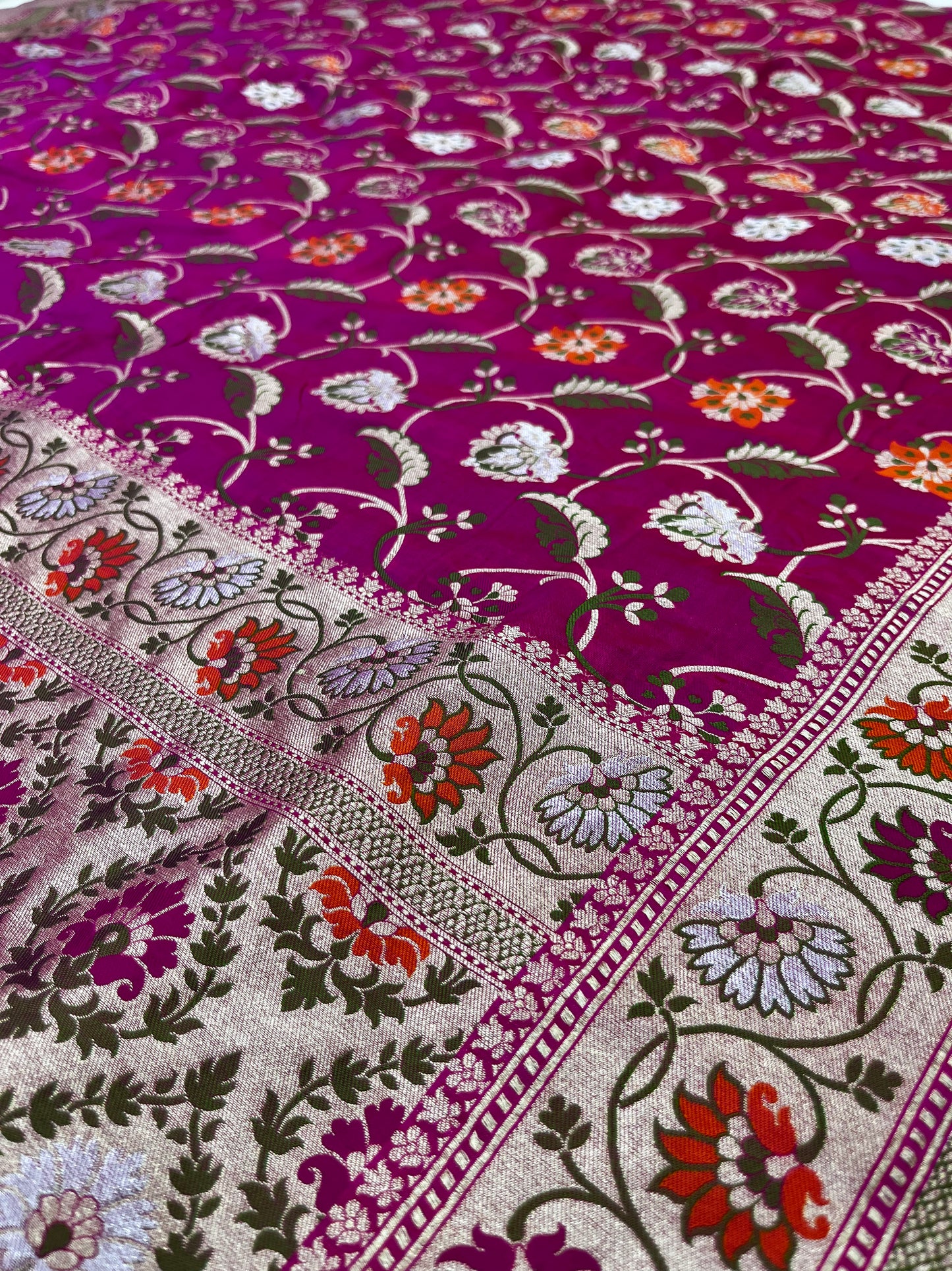 A Beautiful Rani Pure Katan Silk Banarasi Handloom Saree - All over Jaal work and meenakari