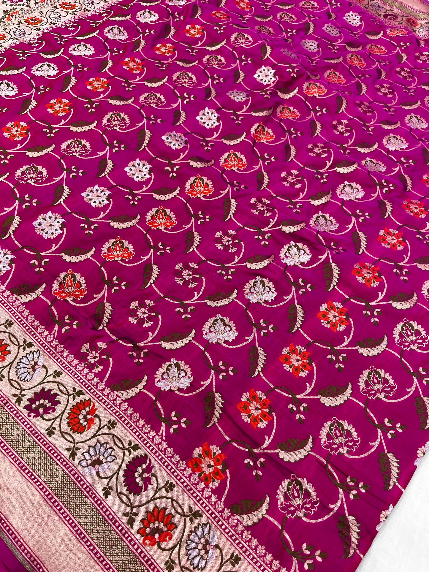 A Beautiful Rani Pure Katan Silk Banarasi Handloom Saree - All over Jaal work and meenakari