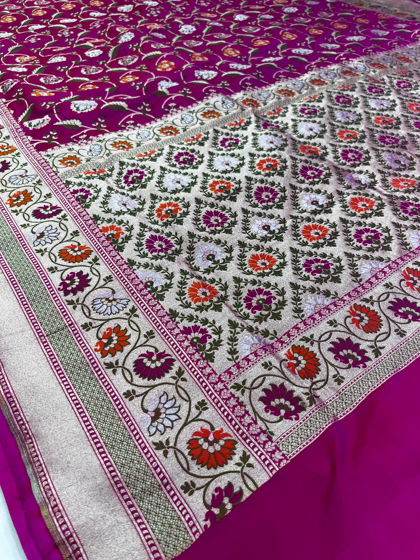 A Beautiful Rani Pure Katan Silk Banarasi Handloom Saree - All over Jaal work and meenakari