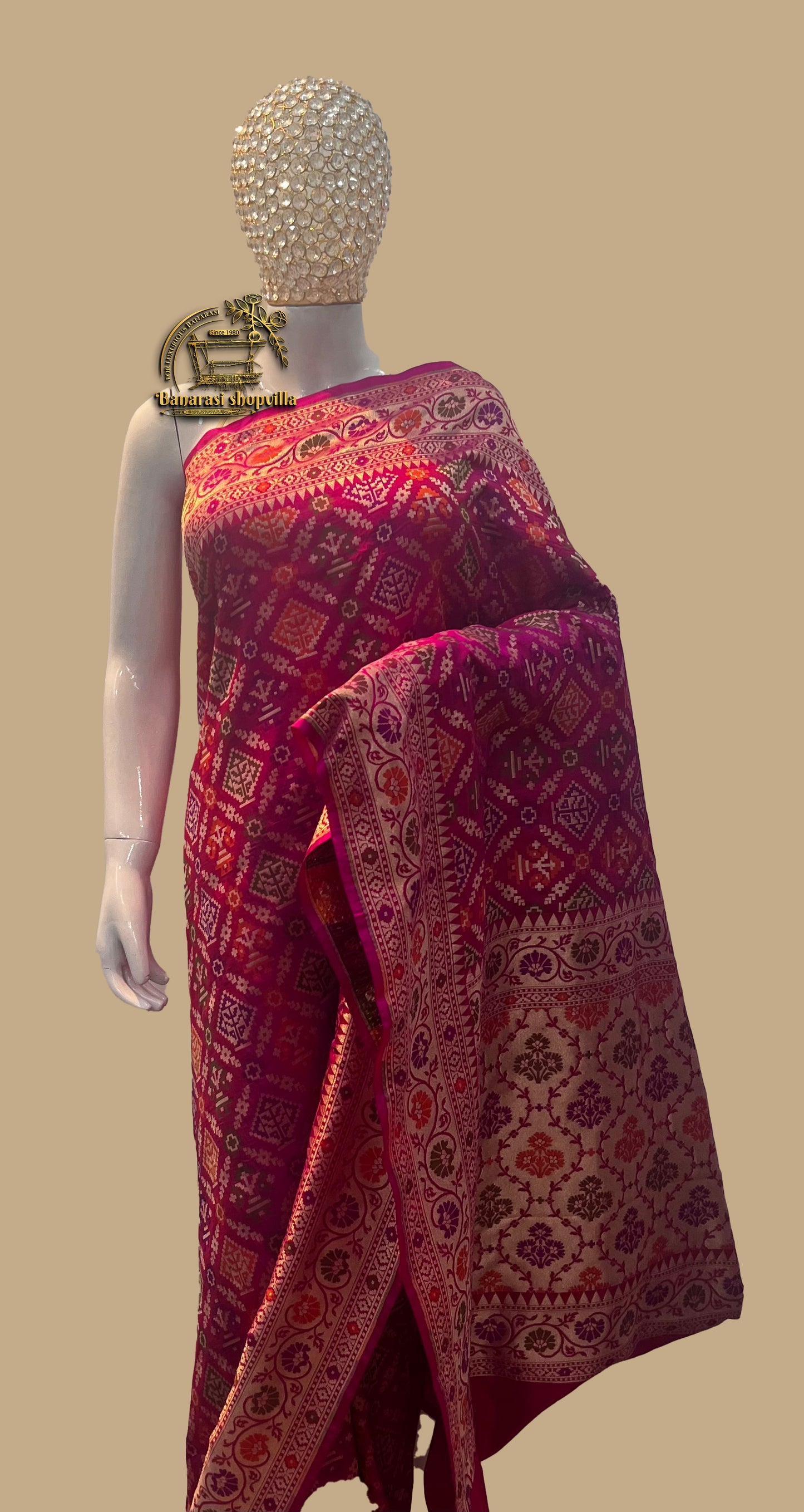 Pure Katan Silk Banarasi Handloom Saree . All over Jaal work with Meenakari