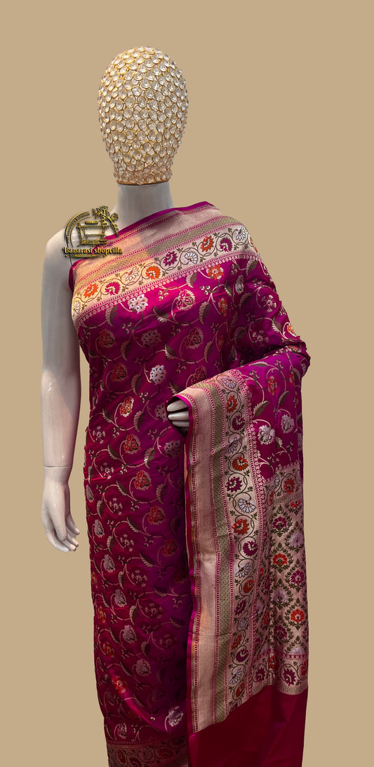 A Beautiful Rani Pure Katan Silk Banarasi Handloom Saree - All over Jaal work and meenakari