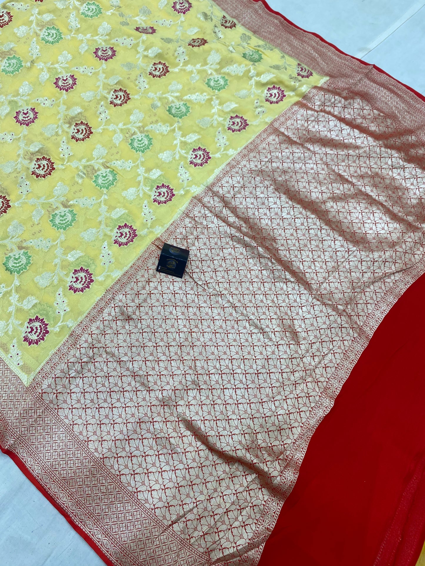 Yellow & Red Khaddi Georgette Handloom Banarasi Saree - All over Jaal Work with meenakari