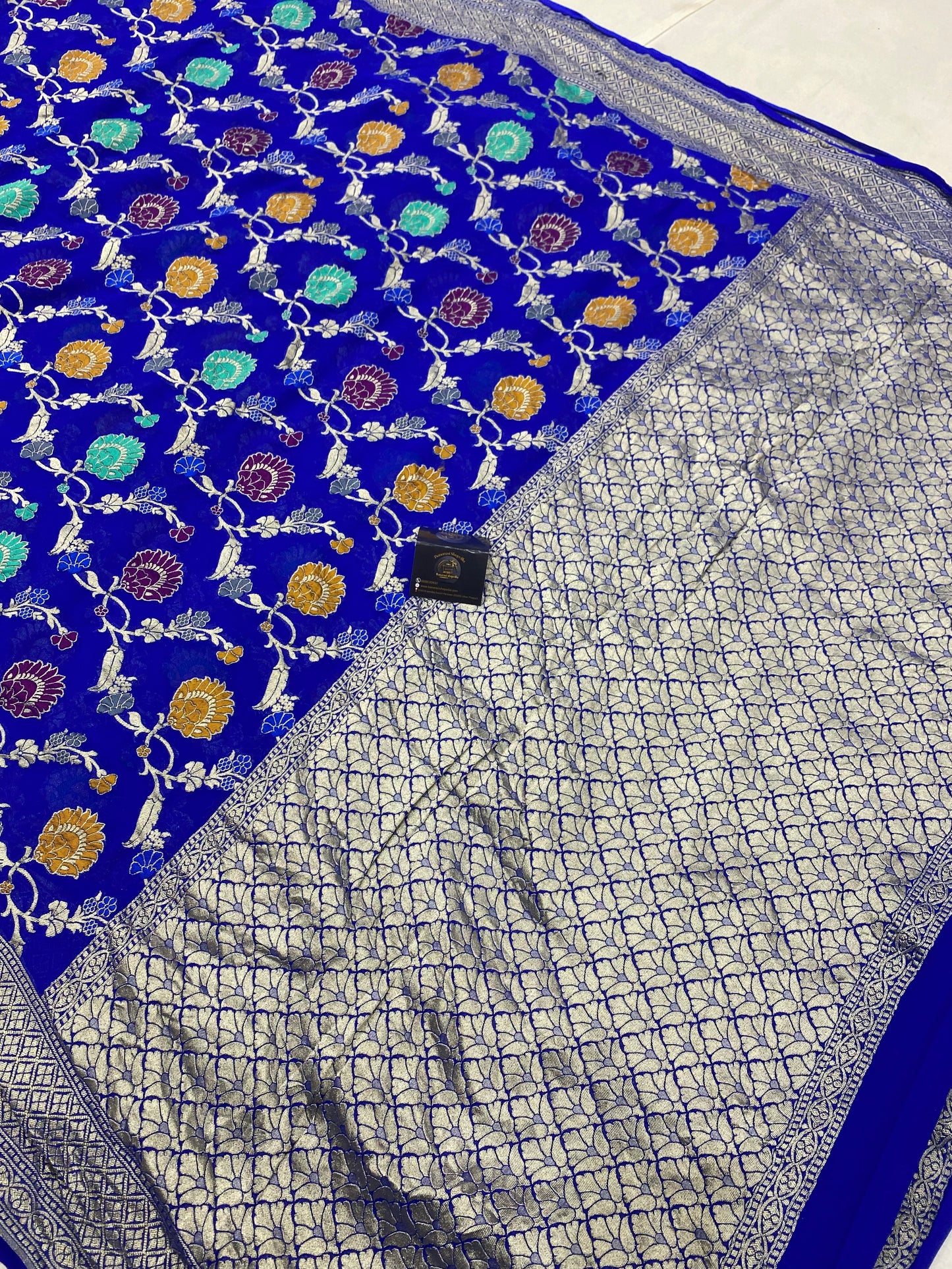 Royal Blue Khaddi Georgette Handloom Banarasi Saree - All over Jaal Work with meenakari