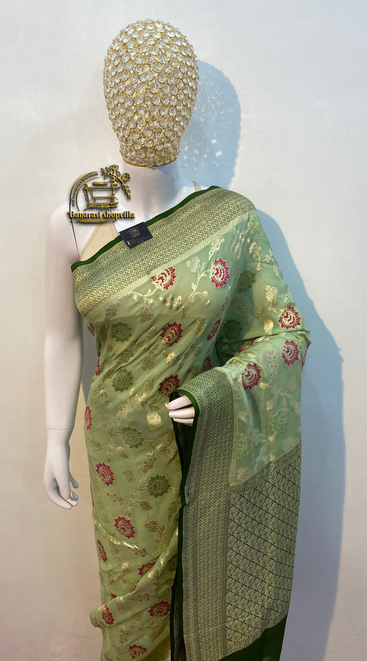 - A Gorgeous Khaddi Georgette Handloom Banarasi Saree - All over Jaal Work with meenakari