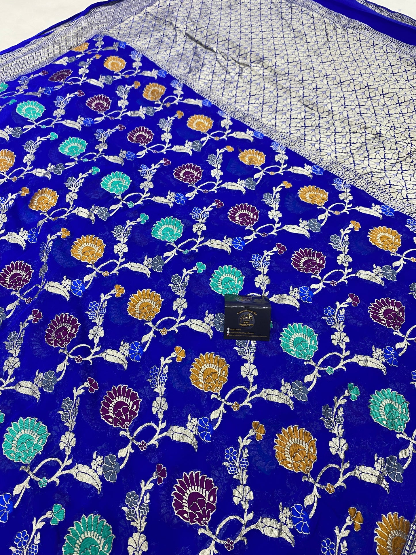 Royal Blue Khaddi Georgette Handloom Banarasi Saree - All over Jaal Work with meenakari