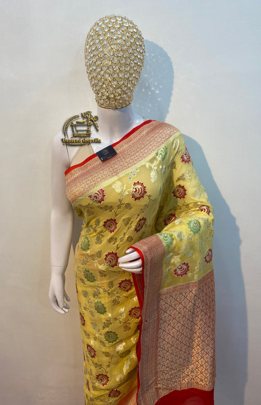 Yellow & Red Khaddi Georgette Handloom Banarasi Saree - All over Jaal Work with meenakari