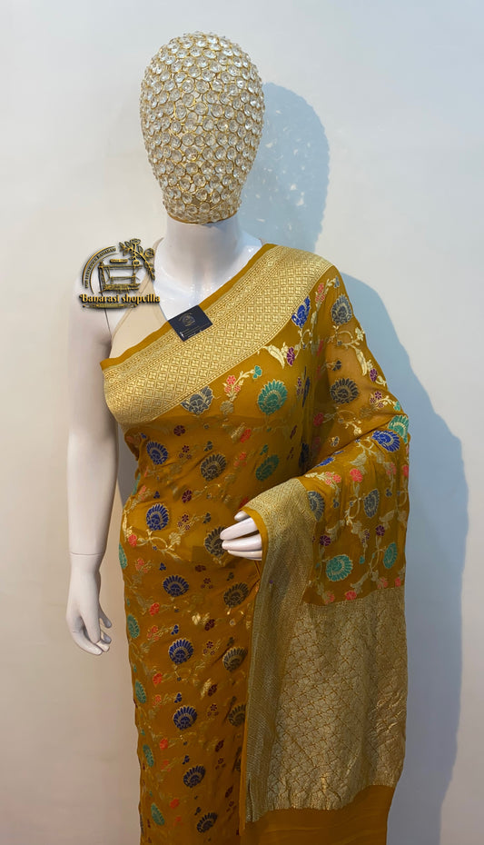 Mustard Khaddi Georgette Handloom Banarasi Saree - All over Jaal Work with meenakari