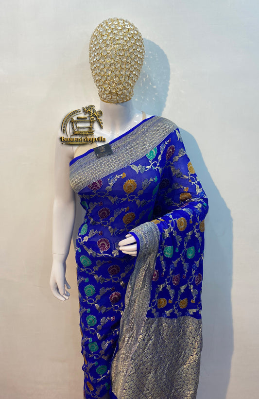 Royal Blue Khaddi Georgette Handloom Banarasi Saree - All over Jaal Work with meenakari