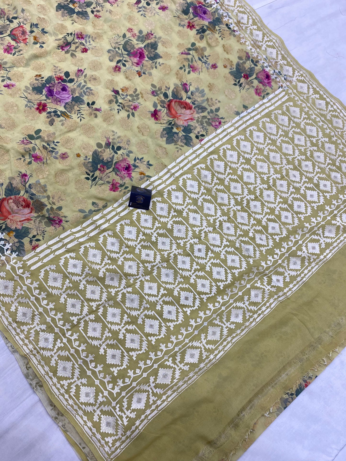 Masterpiece Pure Georgette Digital Print with Chikankari Handloom Banarasi Saree