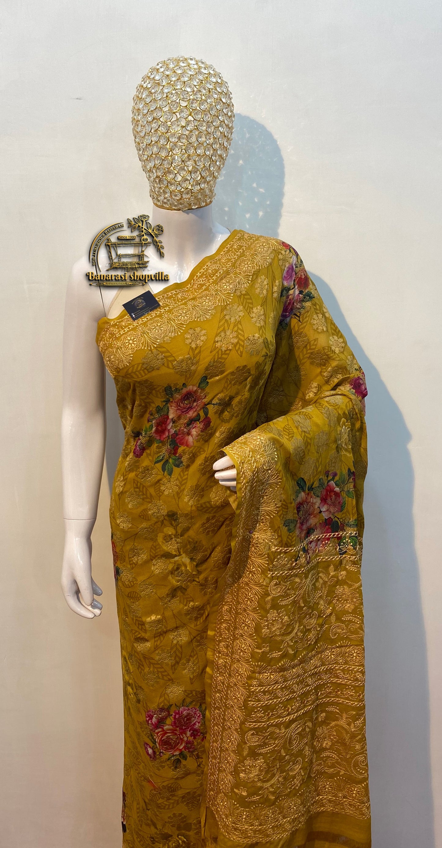 Mustard Pure Georgette Digital Print with Chikankari Handloom Banarasi Saree