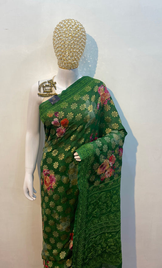 Dark Green Pure Georgette Digital Print with Chikankari Handloom Banarasi Saree