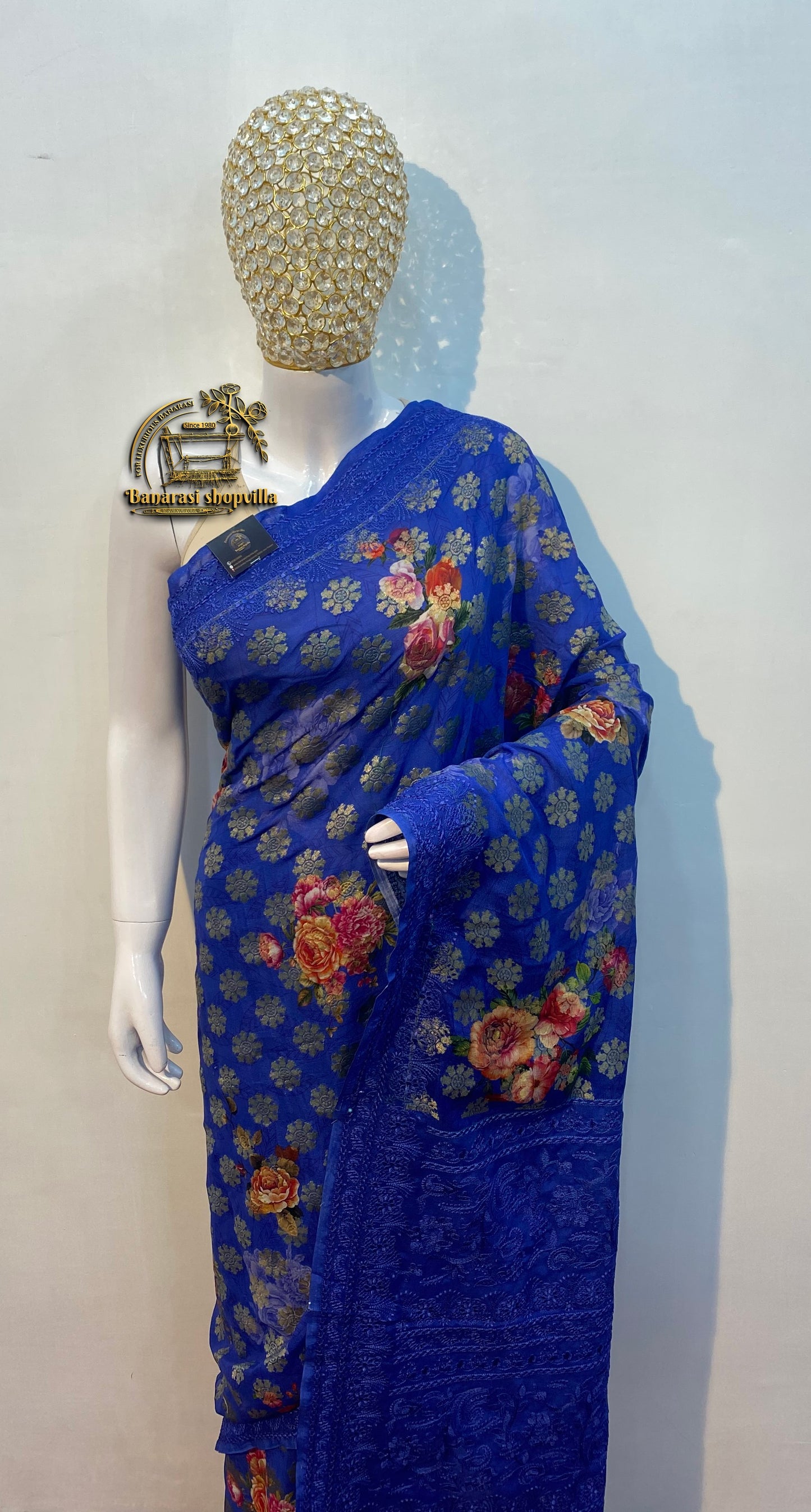 Royal Blue Pure Georgette Digital Print with Chikankari Handloom Banarasi Saree