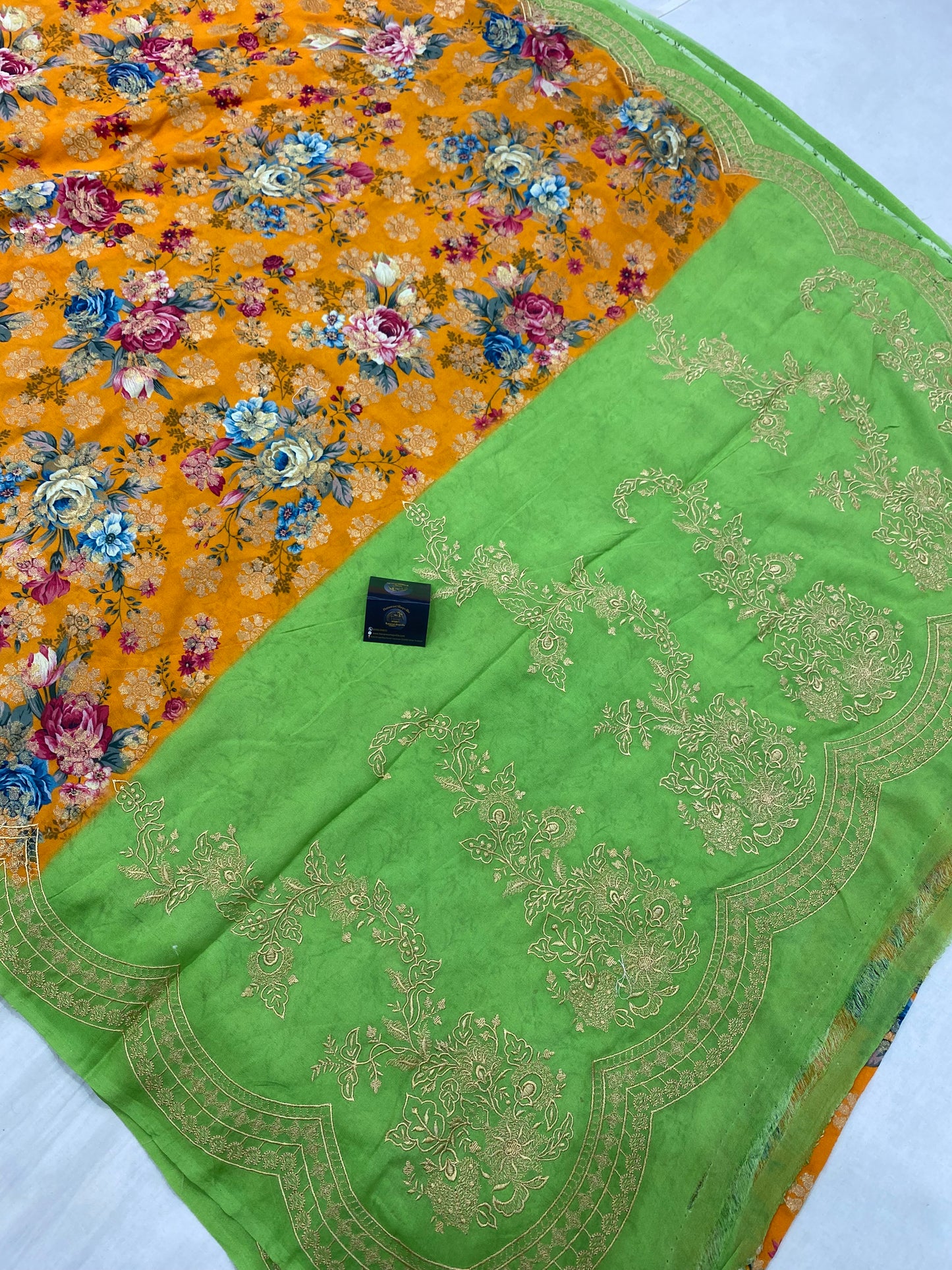 Mustard & Green Pure Georgette Digital Print with Chikankari Handloom Banarasi Saree