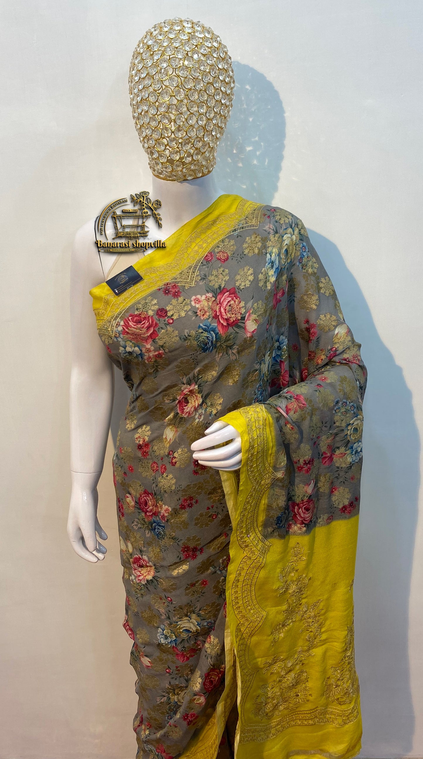 Pure Georgette Digital Print with Chikankari Handloom Banarasi Saree