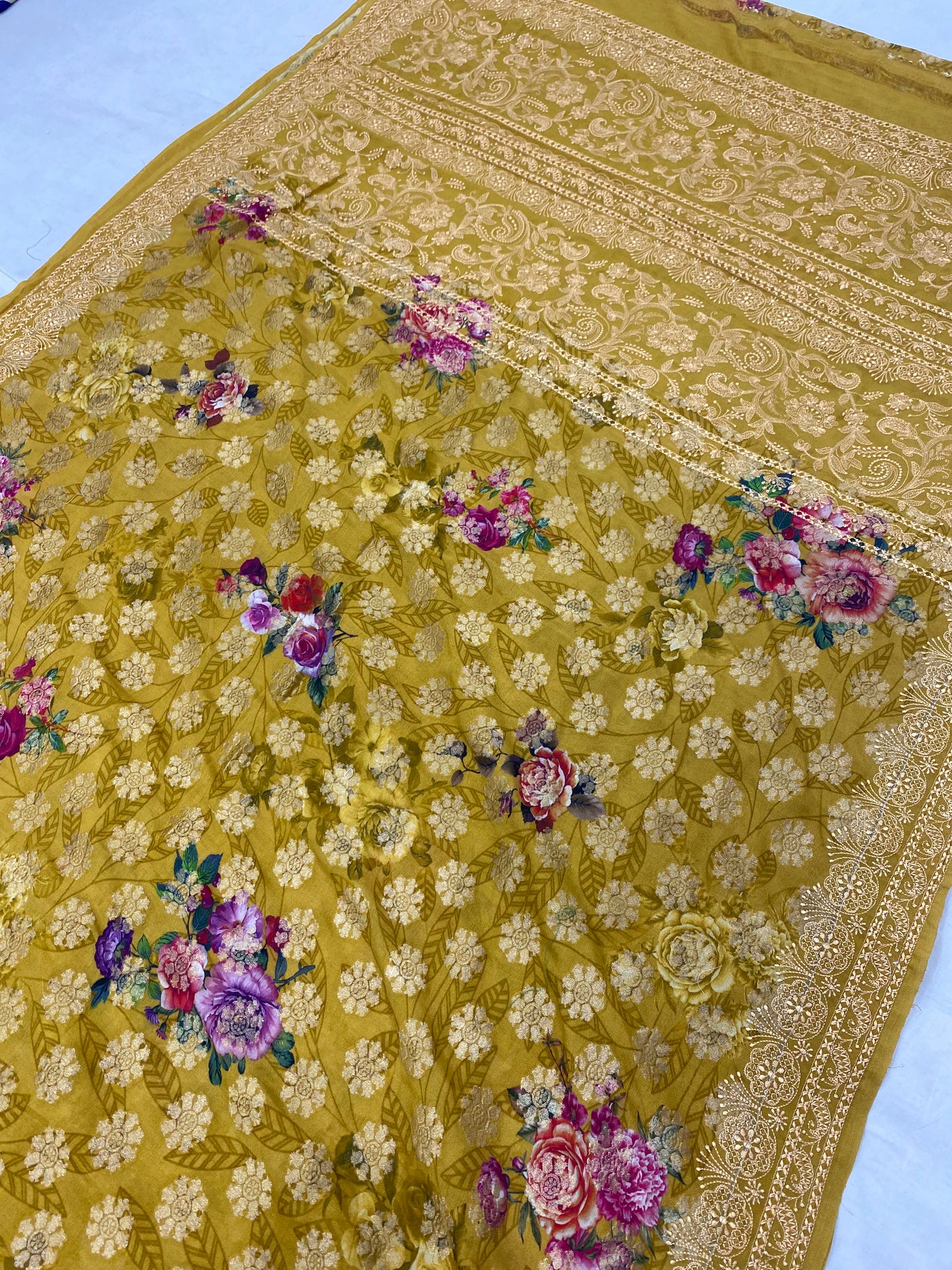 Mustard Pure Georgette Digital Print with Chikankari Handloom Banarasi Saree