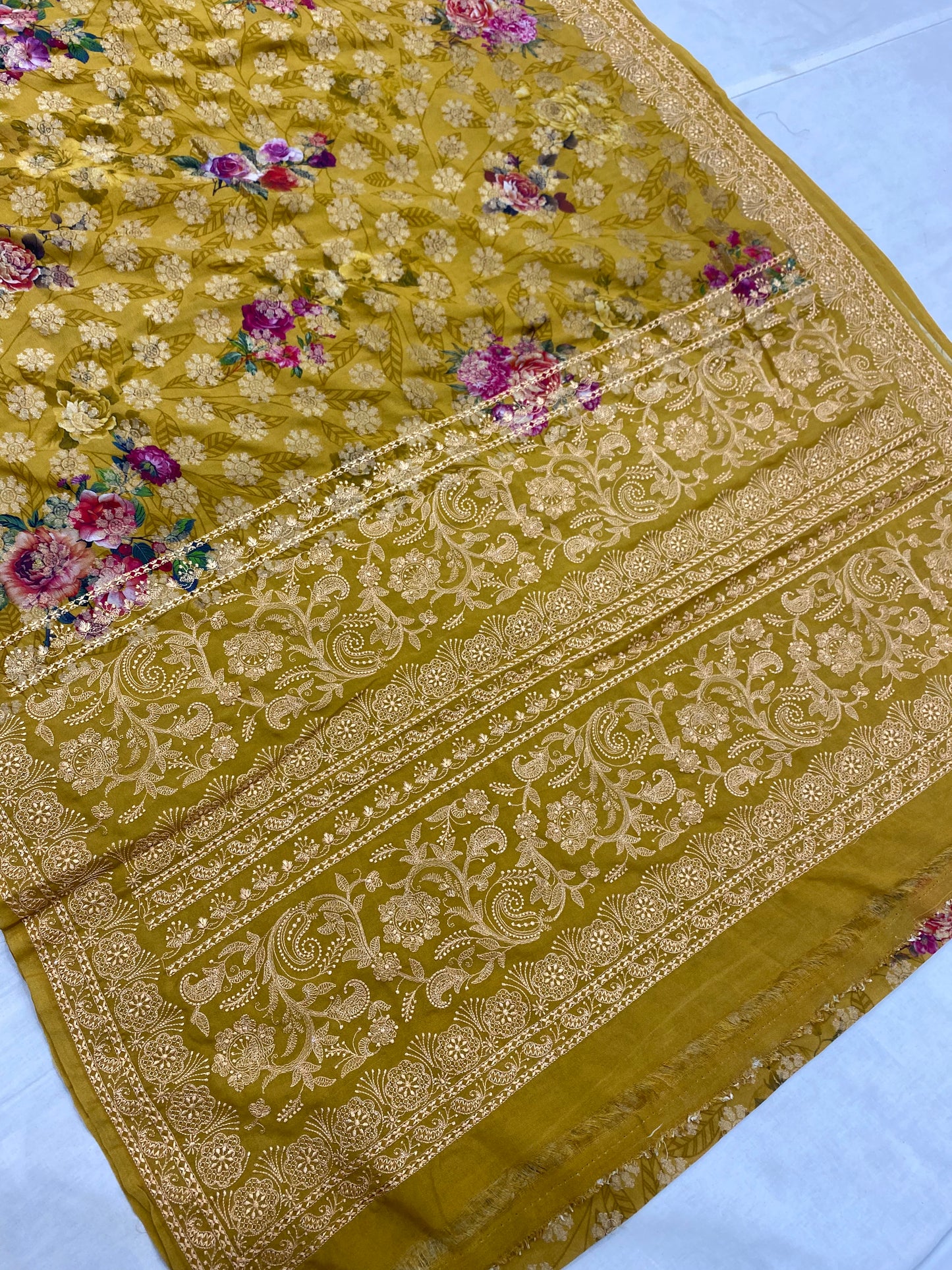 Mustard Pure Georgette Digital Print with Chikankari Handloom Banarasi Saree