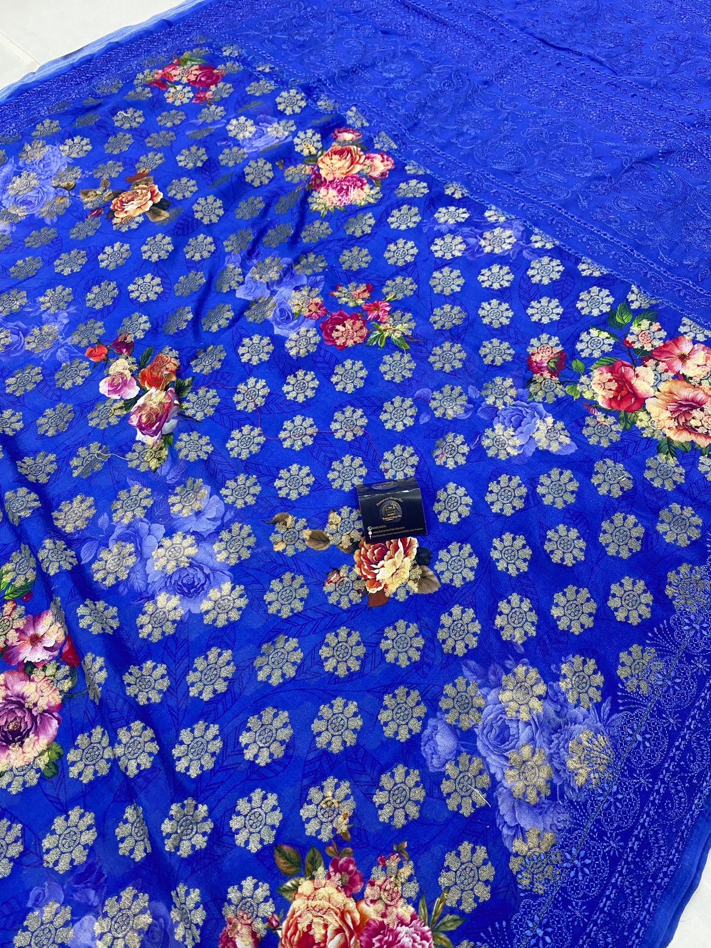 Royal Blue Pure Georgette Digital Print with Chikankari Handloom Banarasi Saree