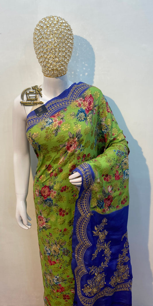 Green & Blue Pure Georgette Digital Print with Chikankari Handloom Banarasi Saree