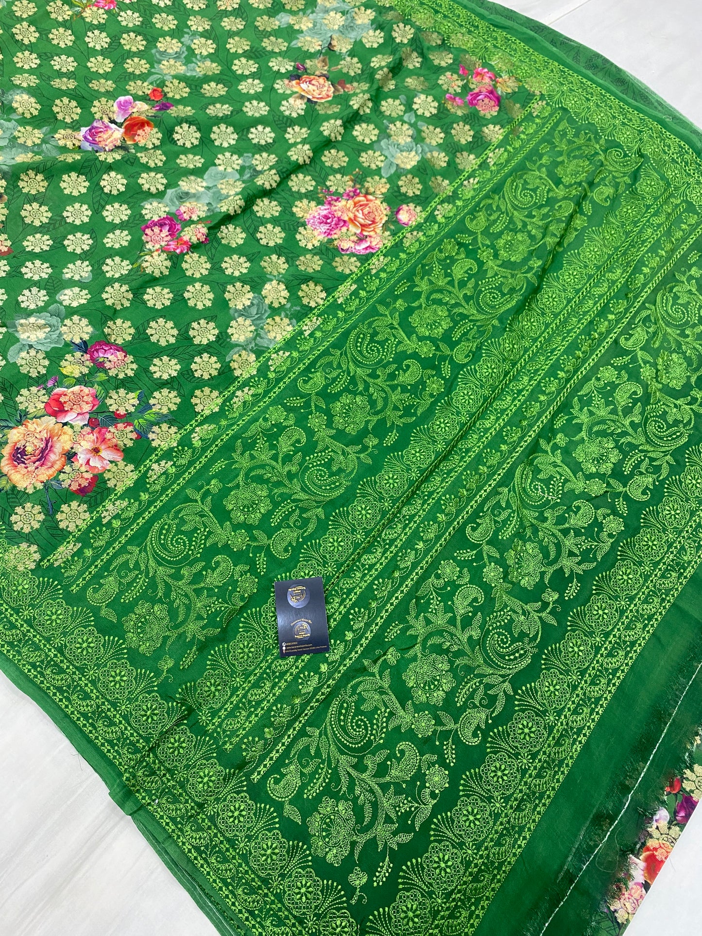 Dark Green Pure Georgette Digital Print with Chikankari Handloom Banarasi Saree