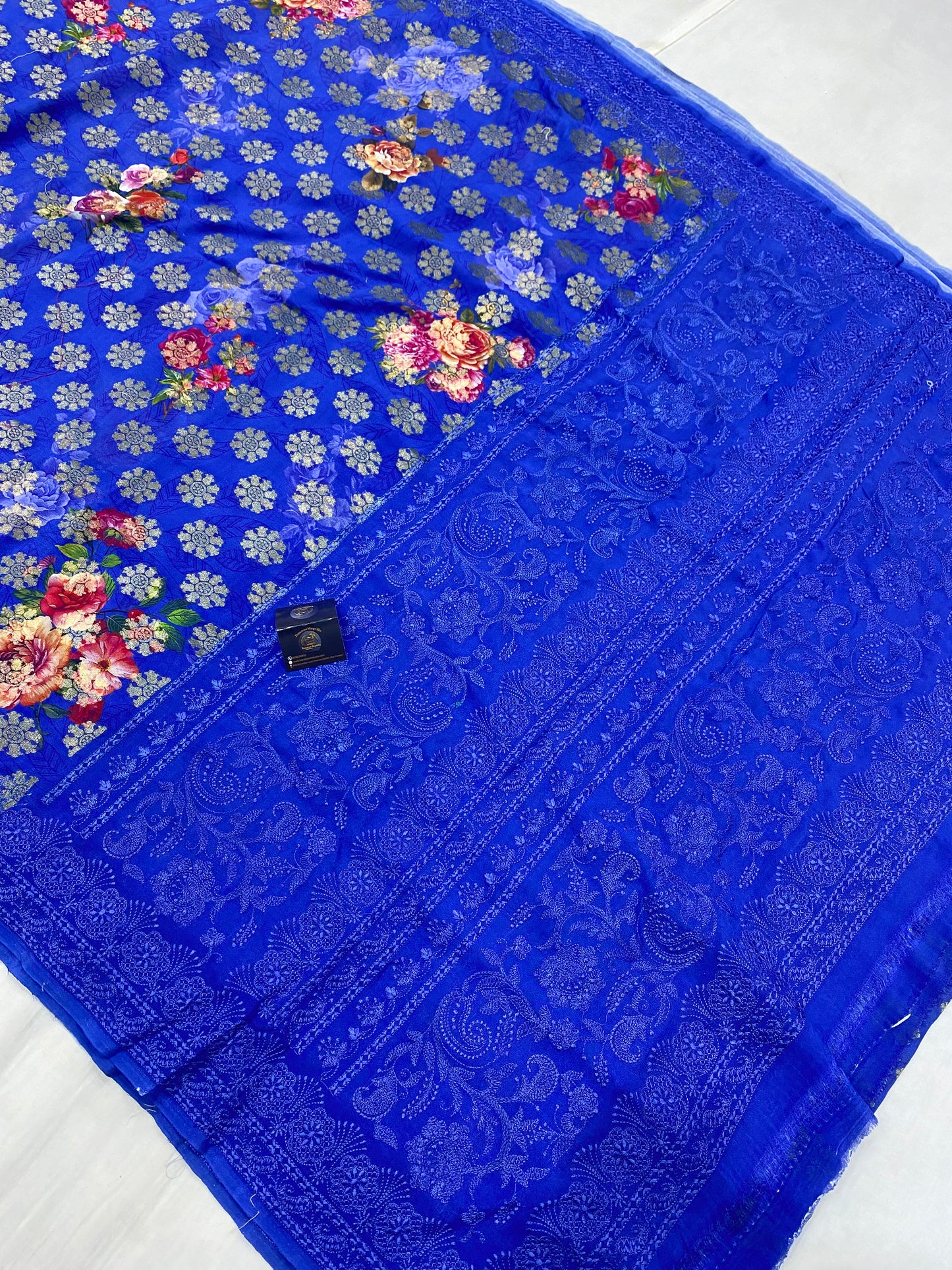 Royal Blue Pure Georgette Digital Print with Chikankari Handloom Banarasi Saree