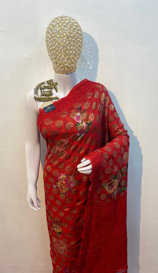 Red Pure Georgette Digital Print with Chikankari Handloom Banarasi Saree