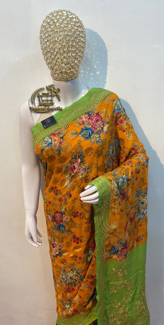 Mustard & Green Pure Georgette Digital Print with Chikankari Handloom Banarasi Saree