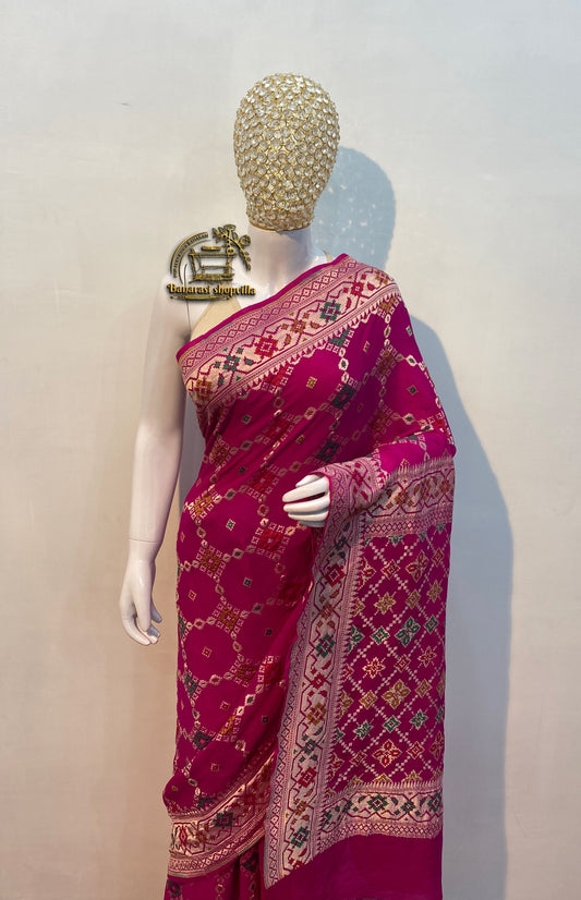 Rani Khaddi Georgette Handloom Banarasi Saree - All over Jaal Work with three color meenakari.