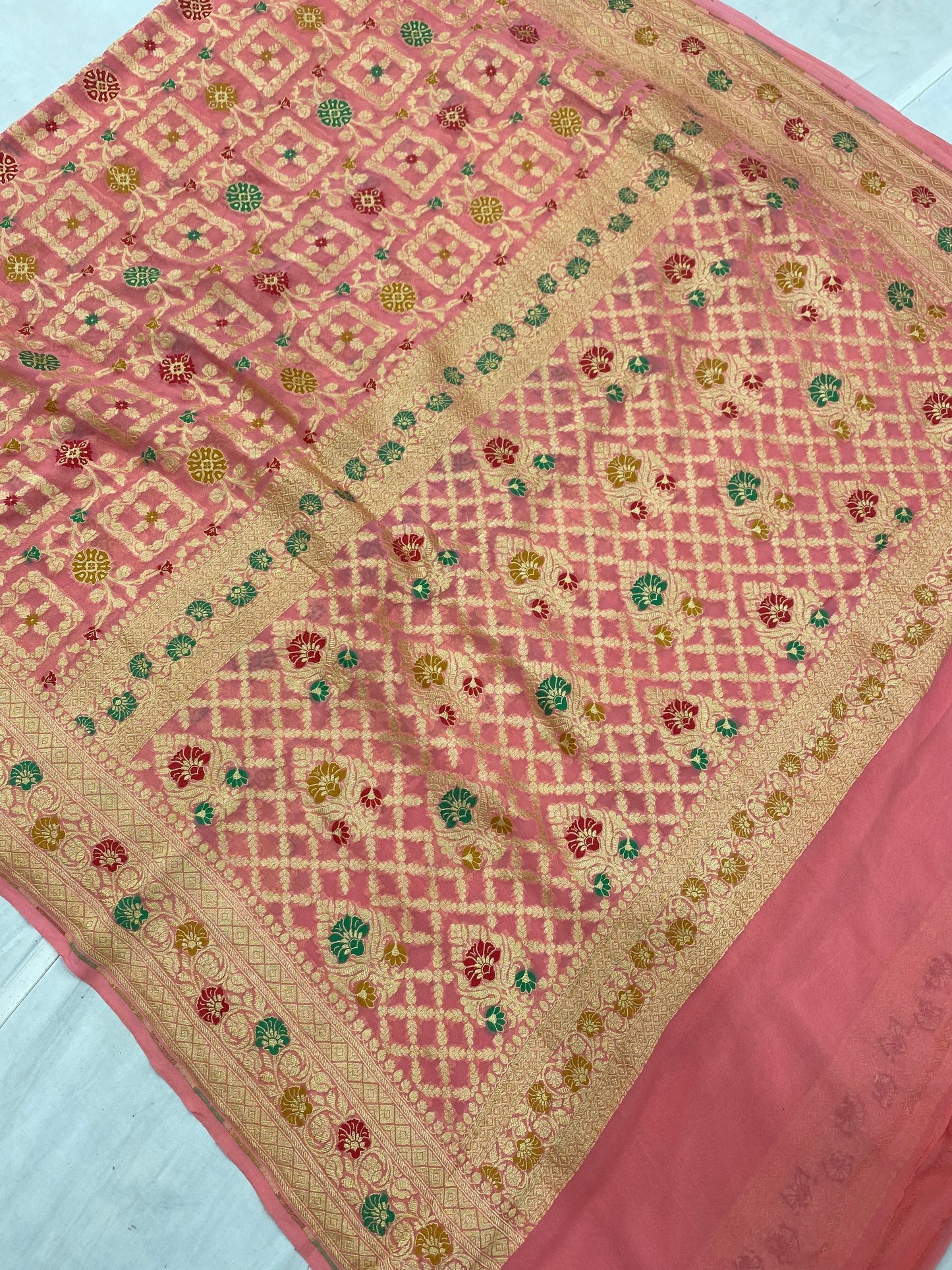 Peach Khaddi Georgette Handloom Banarasi Saree - All over Jaal Work with three color meenakari