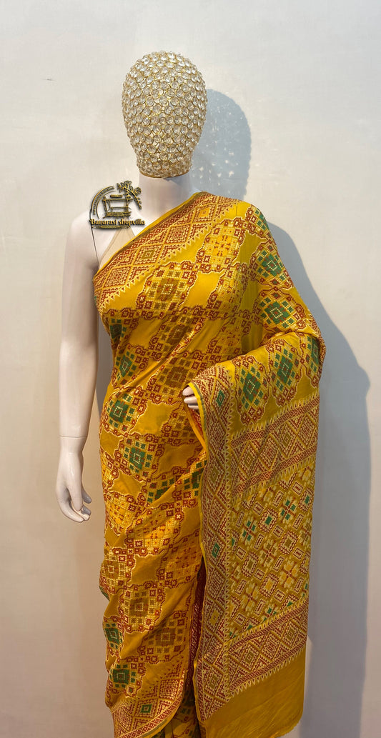 Yellow Khaddi Georgette Handloom Banarasi Saree - All over Jaal Work with three color meenakari