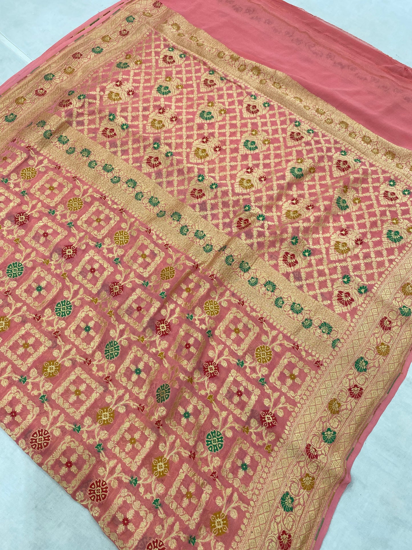 Peach Khaddi Georgette Handloom Banarasi Saree - All over Jaal Work with three color meenakari