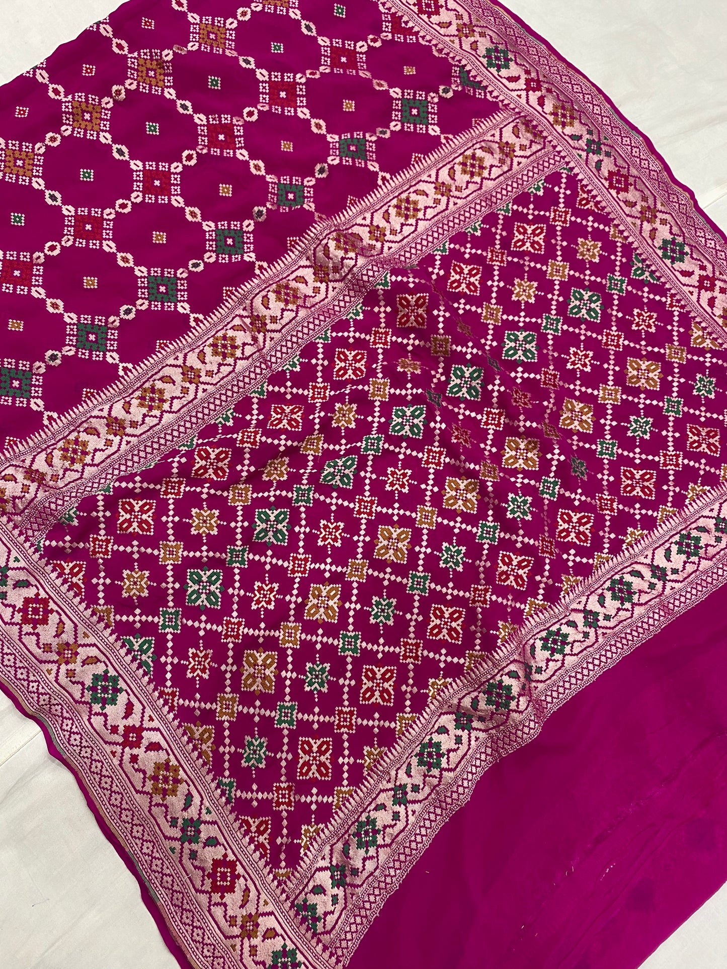 Rani Khaddi Georgette Handloom Banarasi Saree - All over Jaal Work with three color meenakari.