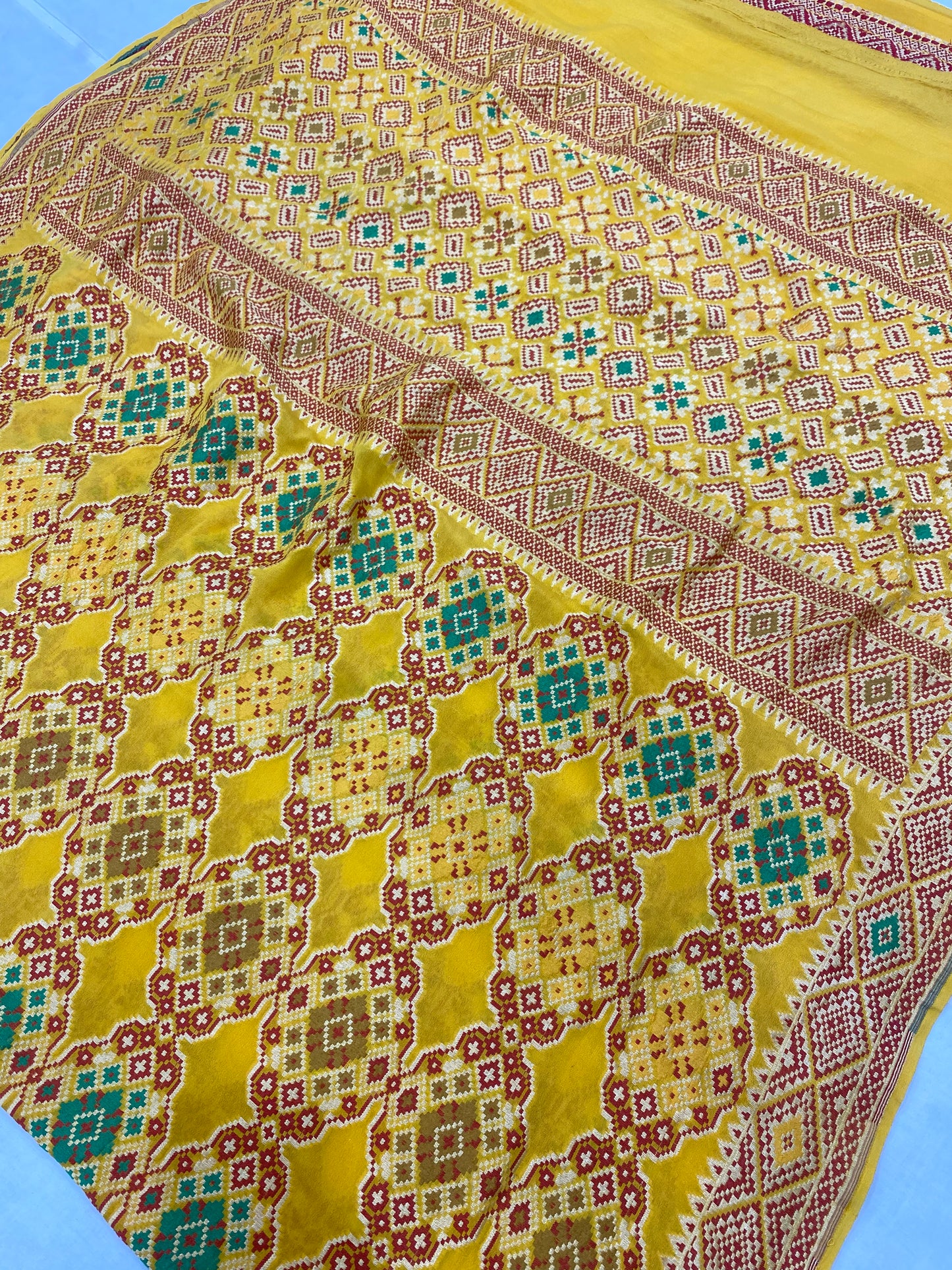 Yellow Khaddi Georgette Handloom Banarasi Saree - All over Jaal Work with three color meenakari