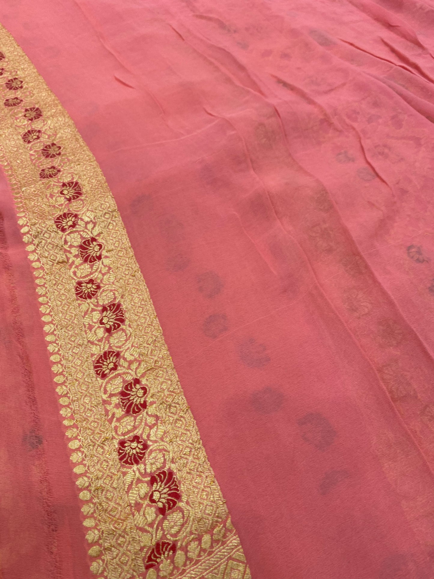 Peach Khaddi Georgette Handloom Banarasi Saree - All over Jaal Work with three color meenakari