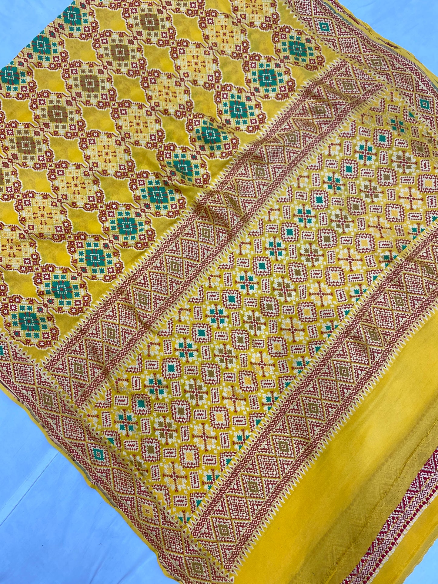 Yellow Khaddi Georgette Handloom Banarasi Saree - All over Jaal Work with three color meenakari