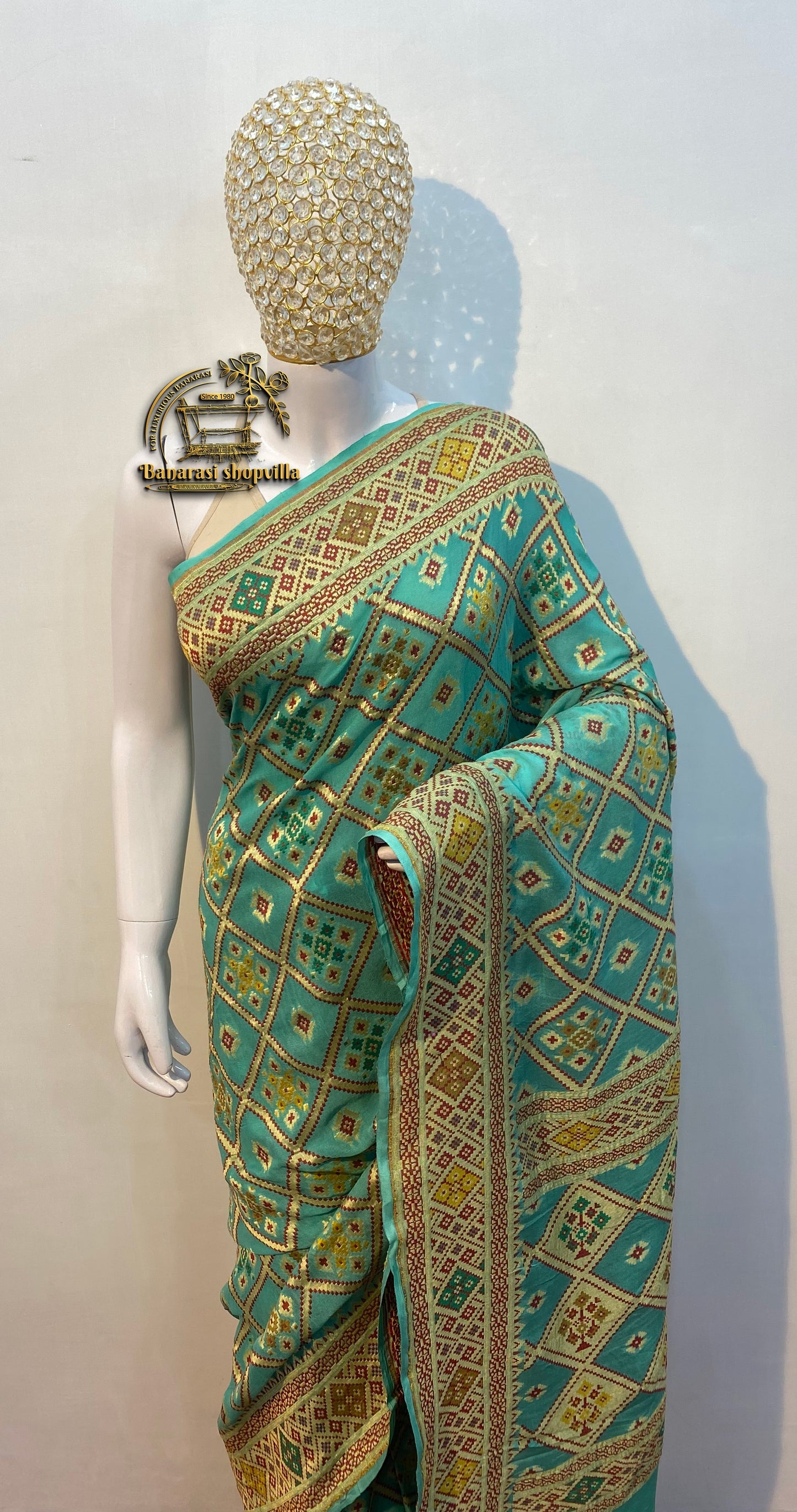 Elegant Khaddi Georgette Handloom Banarasi Saree - All over Jaal Work with three color meenakari