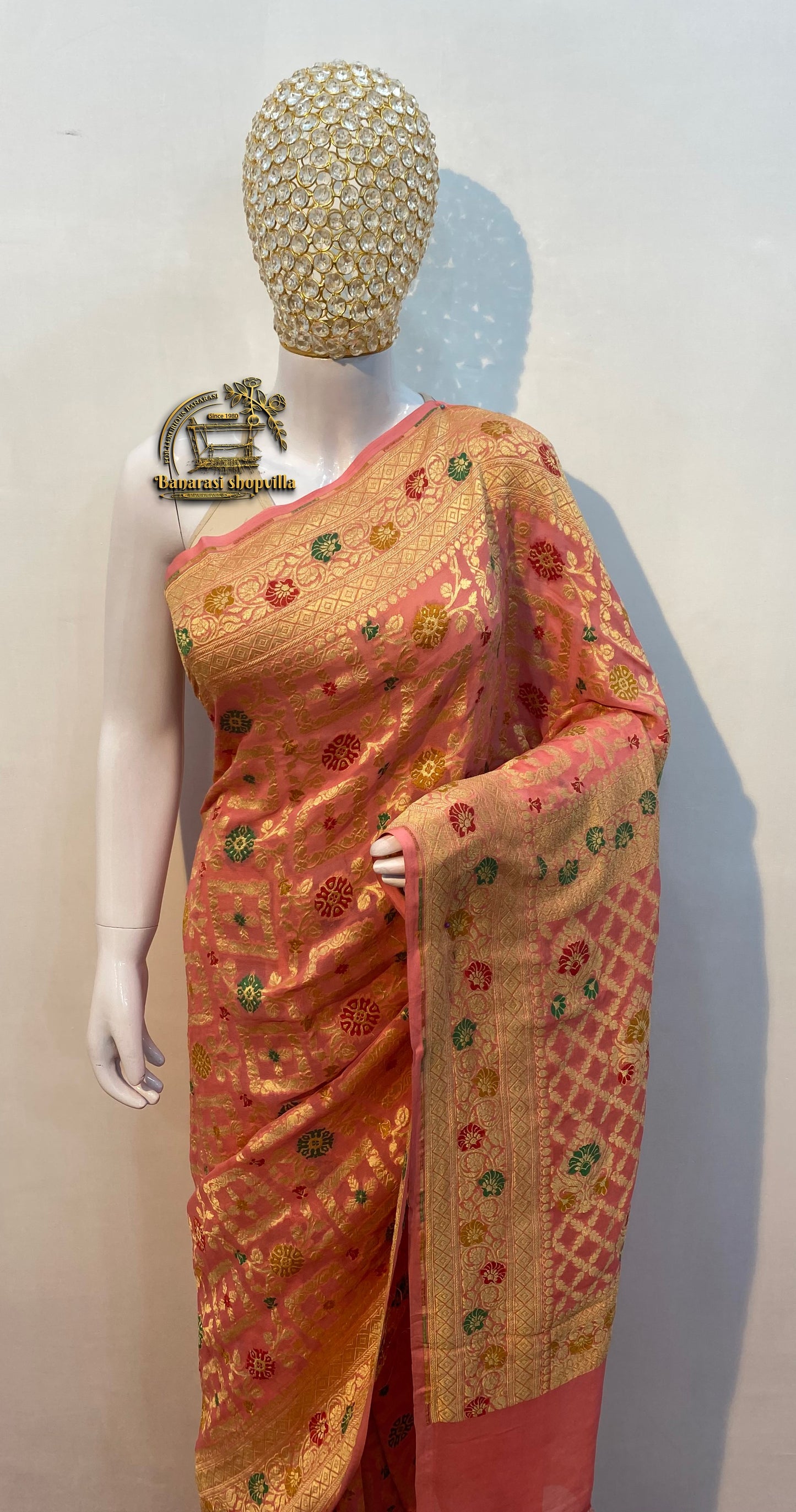 Peach Khaddi Georgette Handloom Banarasi Saree - All over Jaal Work with three color meenakari