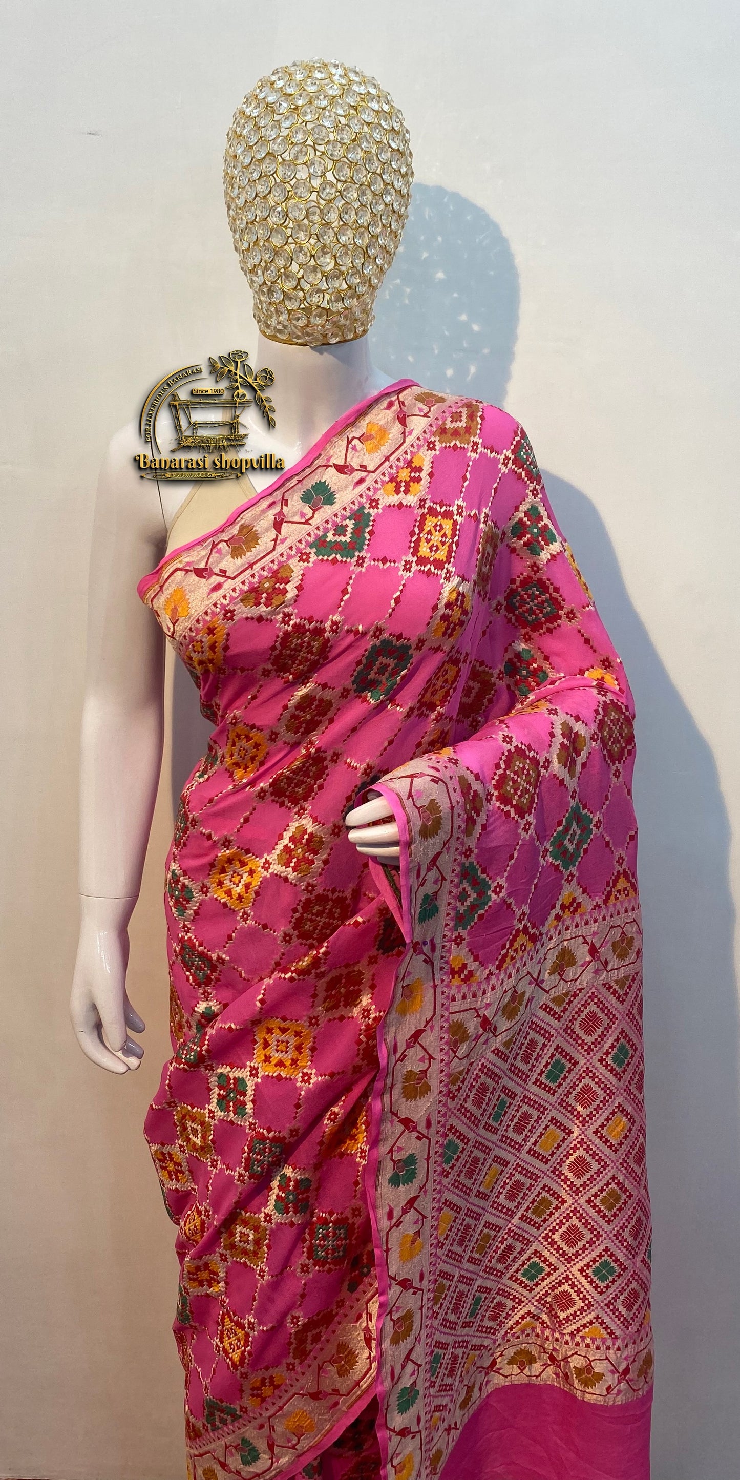 Pink Khaddi Georgette Handloom Banarasi Saree - All over Jaal Work with three color meenakari