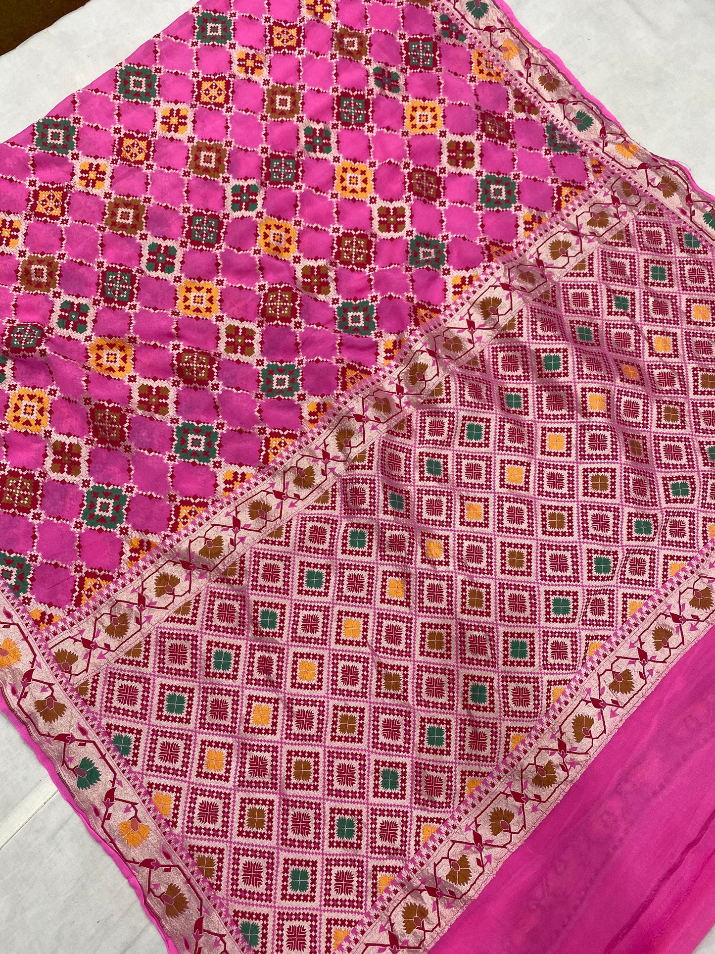 Pink Khaddi Georgette Handloom Banarasi Saree - All over Jaal Work with three color meenakari