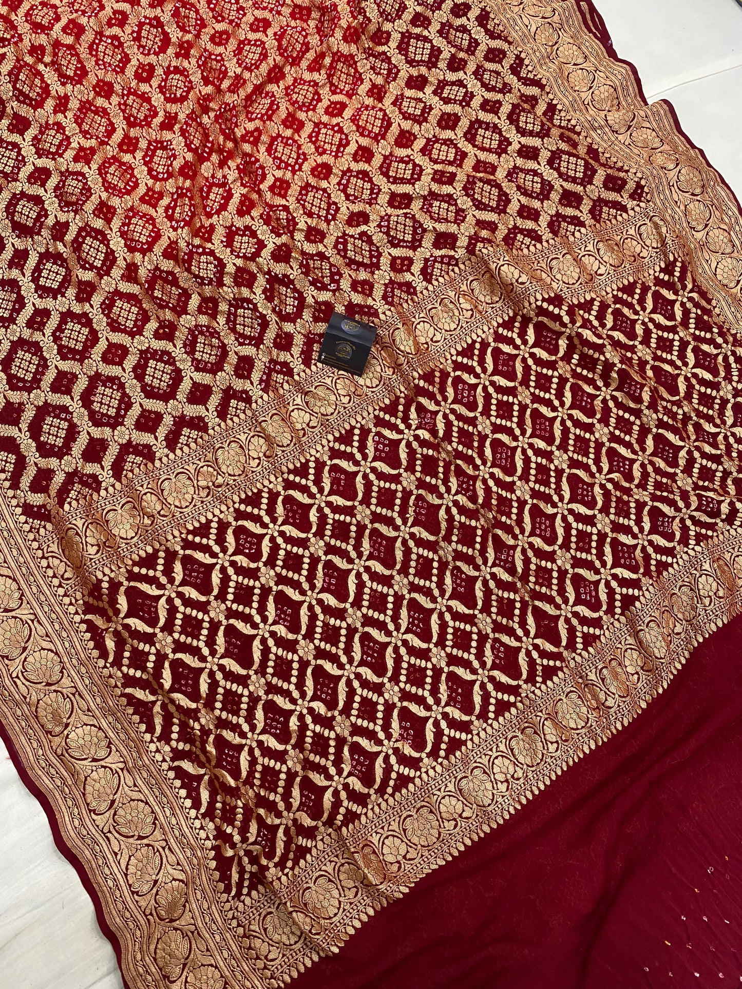 Maroon & Red Pure Georgette Banarasi Bandhej Handloom Saree