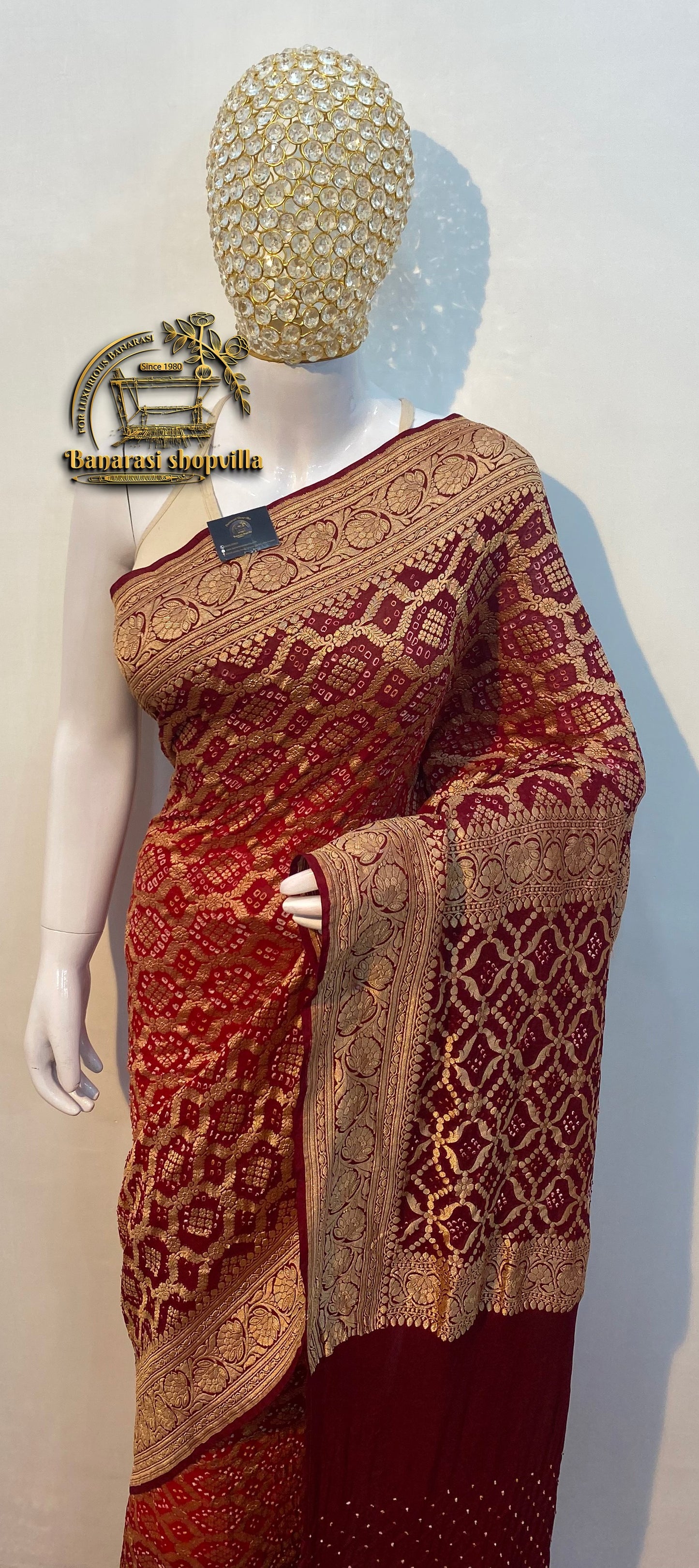 Maroon & Red Pure Georgette Banarasi Bandhej Handloom Saree