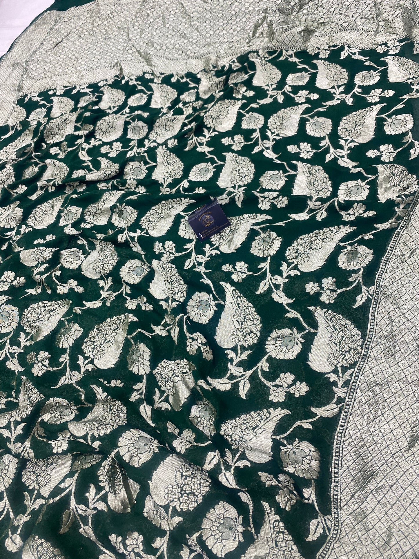 Dark Green Khaddi Georgette Handloom Banarasi Saree