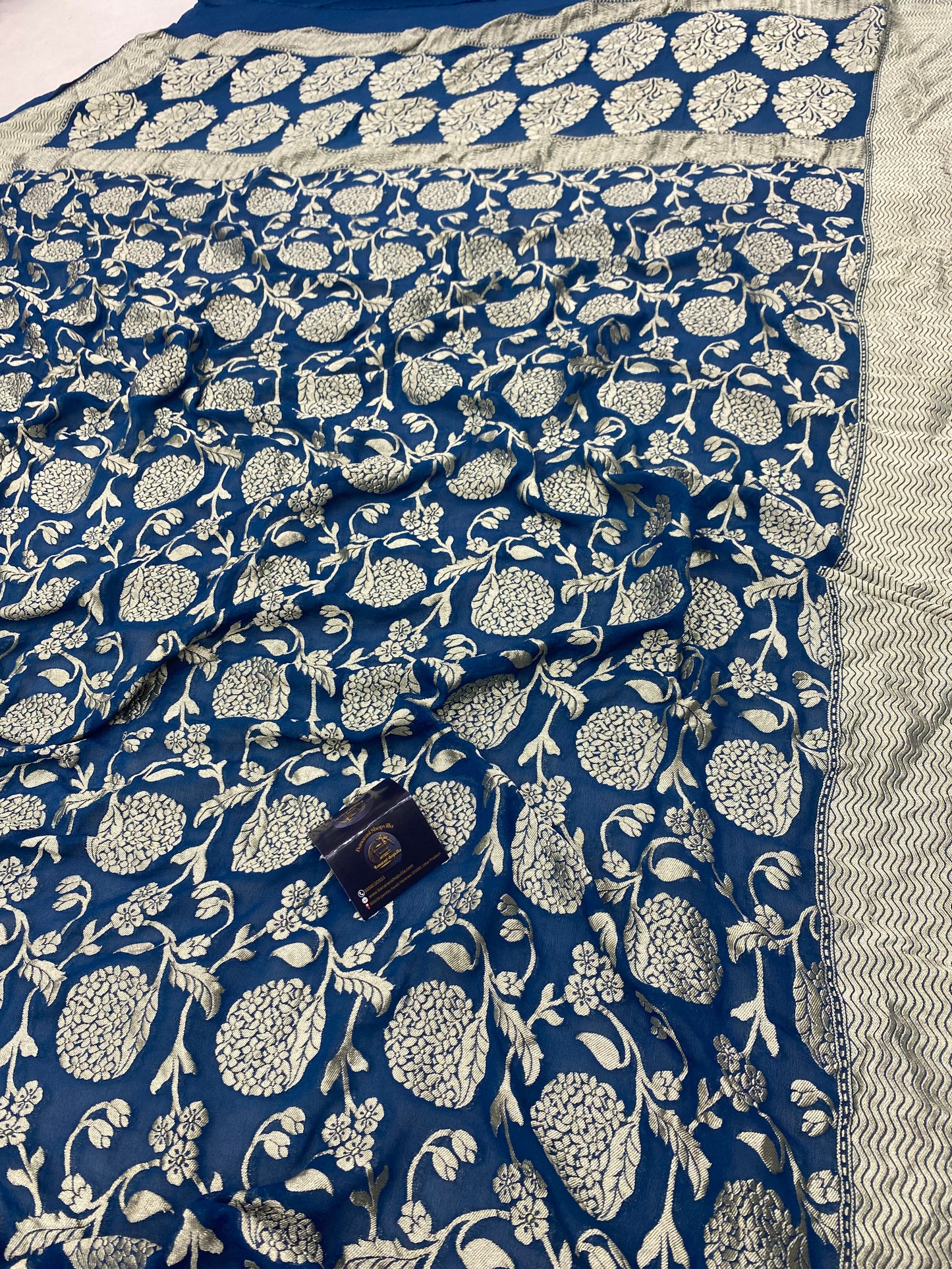 German Blue Khaddi Georgette Handloom Banarasi Saree