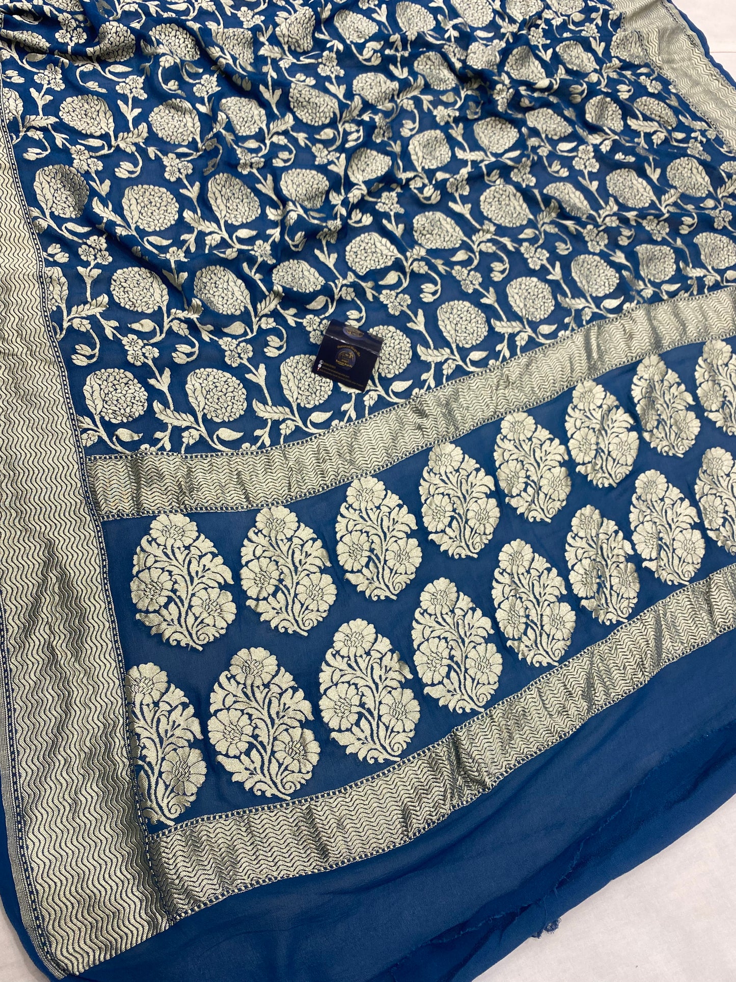 German Blue Khaddi Georgette Handloom Banarasi Saree