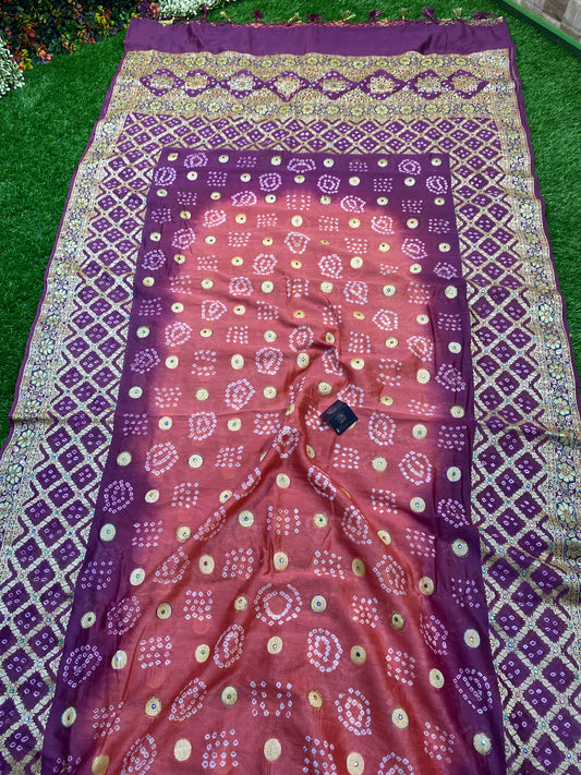 Cotton Bandhej Banarasi Saree With All Over Handwork