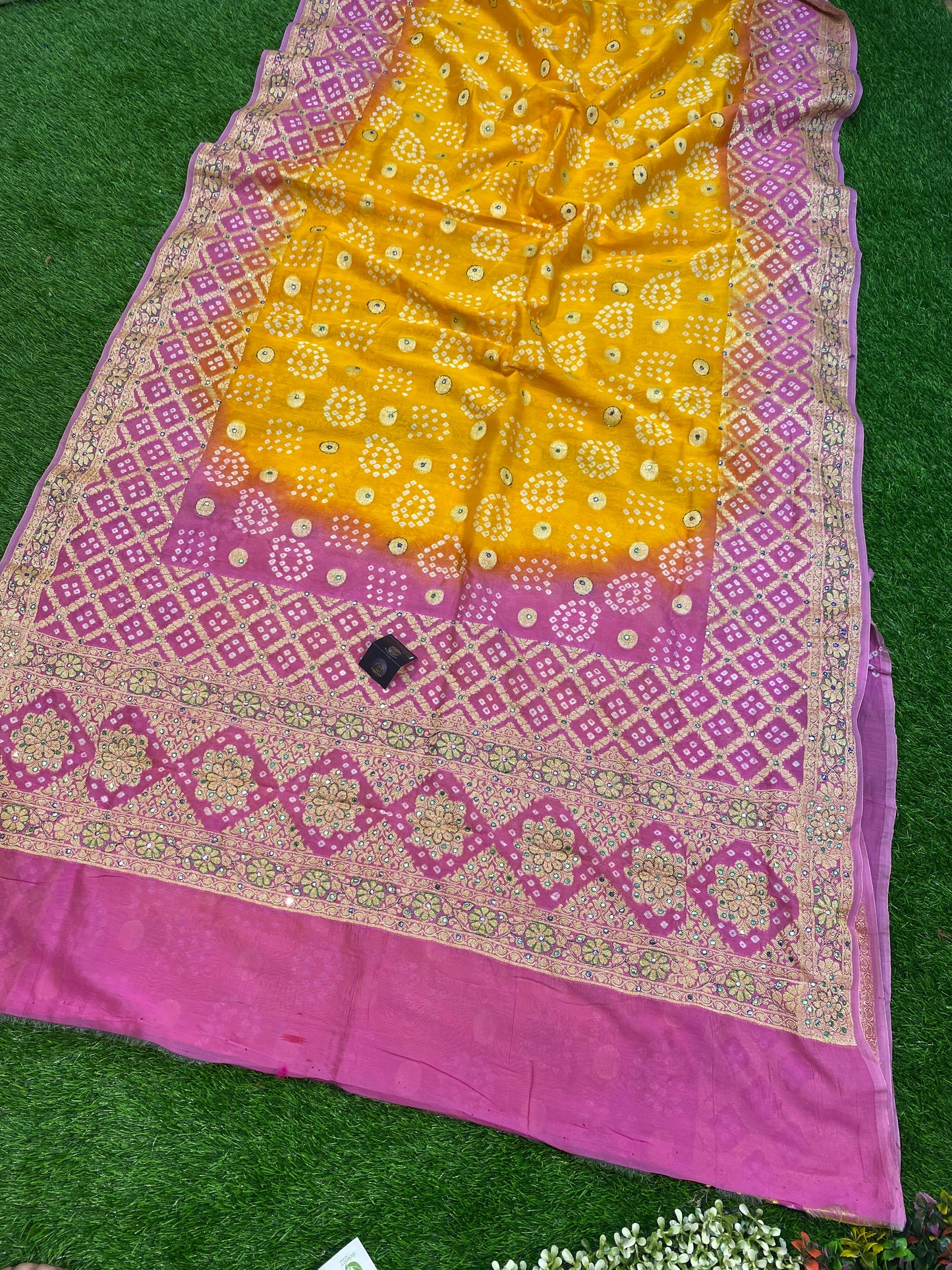 Cotton Bandhej Banarasi Saree With All Over Handwork