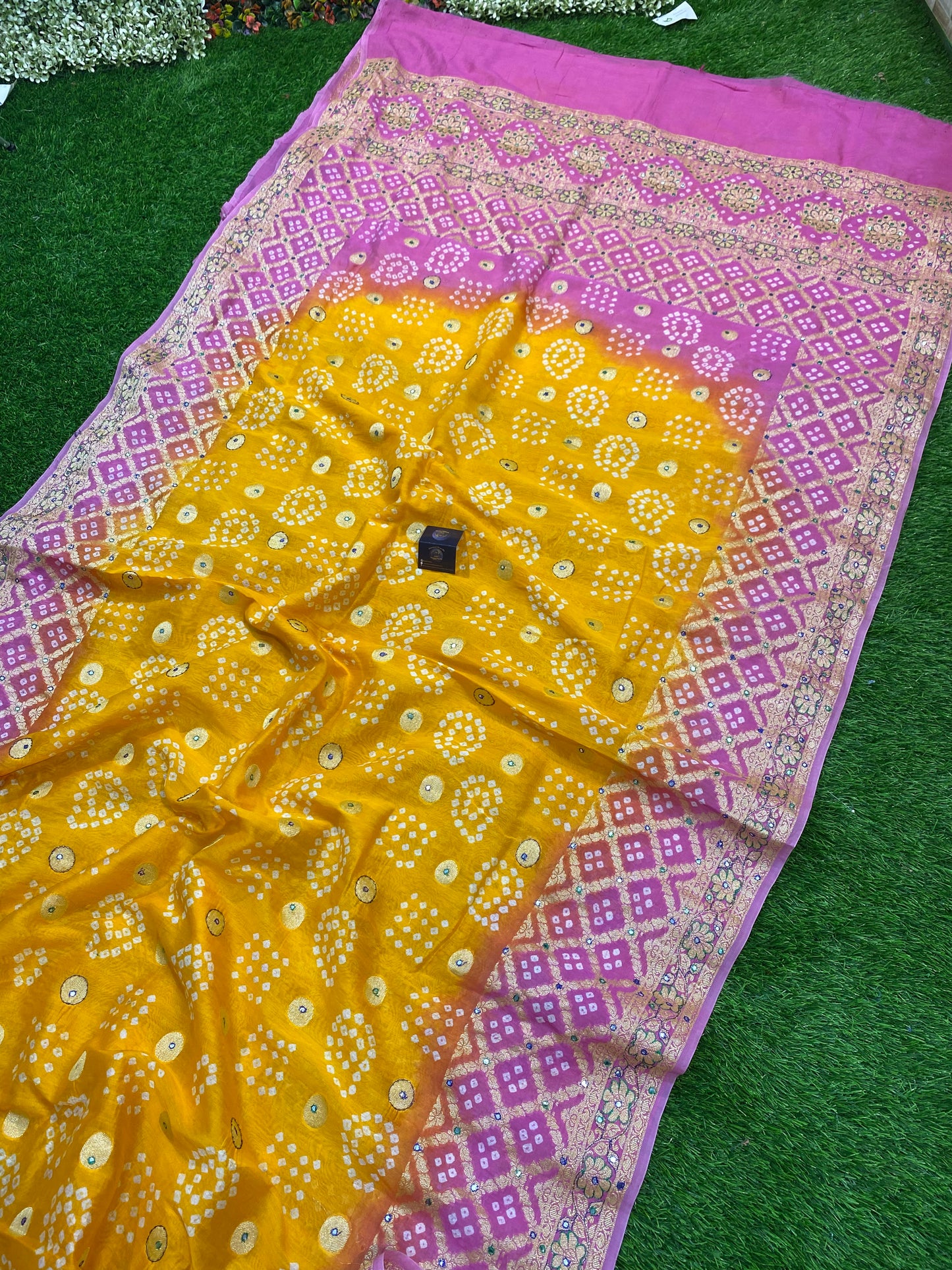 Cotton Bandhej Banarasi Saree With All Over Handwork